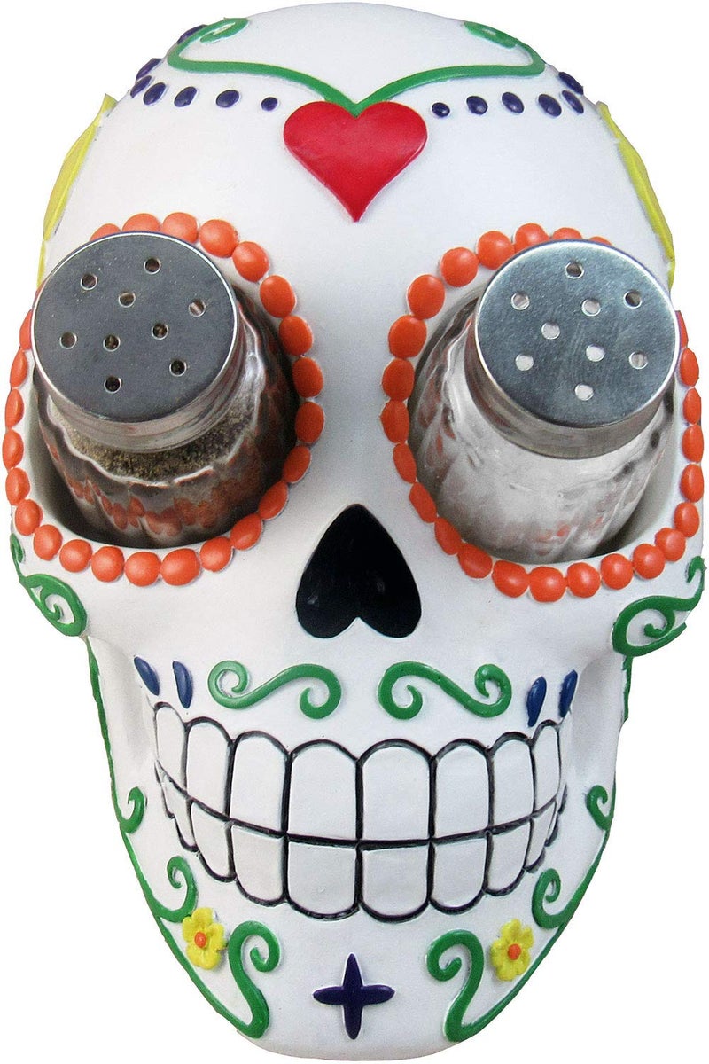 دوك DWK 7 بوصة Sugar 'N' Spice مرسومة يدويًا يوم الموتى Dia de Los Muertos Sugar Skull Salt and Pepper Shaker مجموعة طعام المطبخ - Image 2